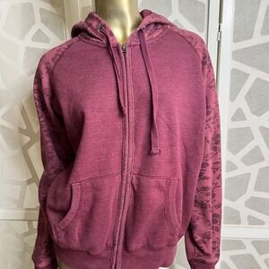 Aeropostale Maroon Zip Up Hoodie Floral Print Raglan Sleeves Women's Large Y2K